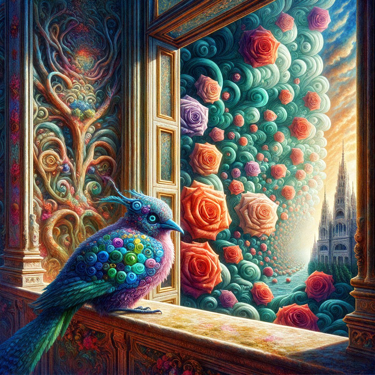 The primary subject of the image is a bird perched on a window sill. The bird is surrounded by a vibrant and colorful environment, featuring a variety of flowers and a sky background. The visual style of the image is a combination of digital art and illustration, creating a whimsical and lively atmosphere. The dominant colors in the scene are pink, purple, and green, which contribute to the overall mood of the image.